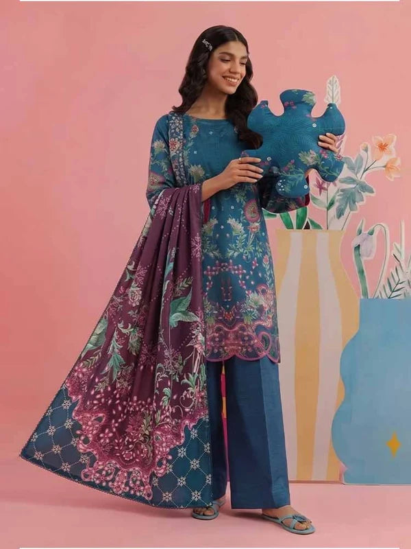 COZY BLOOMS 3-Piece Digital Printed Slub Khaddar Suit