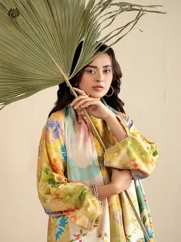 GULPOSH 3 Piece Unstitched Digital Printed Linen Suit with Embroidered Organza Neck