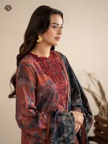 GULPOSH 3 Piece Unstitched Digital Printed Linen Suit with Embroidered Organza Neck