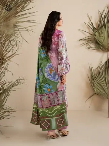 GULPOSH 3 Piece Unstitched Digital Printed Linen Suit with Embroidered Organza Neck