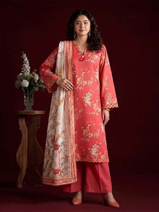 RHEA 3-Piece Unstitched Digital Printed Leather Linen Suit for Women