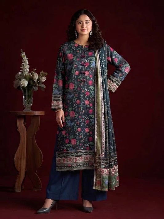 RHEA 3-Piece Unstitched Digital Printed Leather Linen Suit for Women