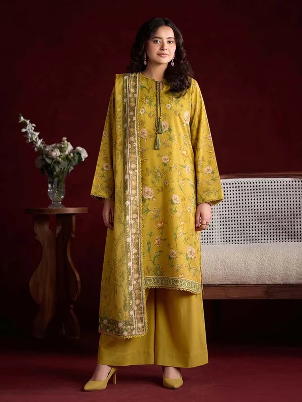 RHEA 3-Piece Unstitched Digital Printed Leather Linen Suit for Women