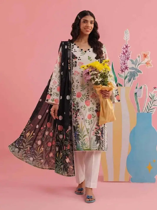 COZY BLOOMS 3-Piece Digital Printed Slub Khaddar Suit