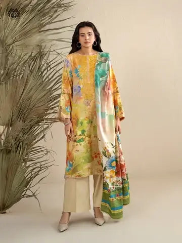 GULPOSH 3 Piece Unstitched Digital Printed Linen Suit with Embroidered Organza Neck