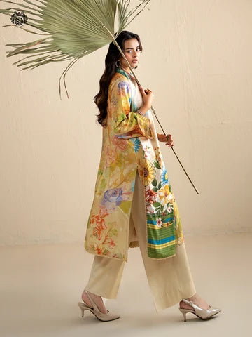 GULPOSH 3 Piece Unstitched Digital Printed Linen Suit with Embroidered Organza Neck