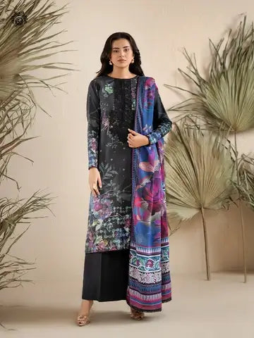 GULPOSH 3 Piece Unstitched Digital Printed Linen Suit with Embroidered Organza Neck