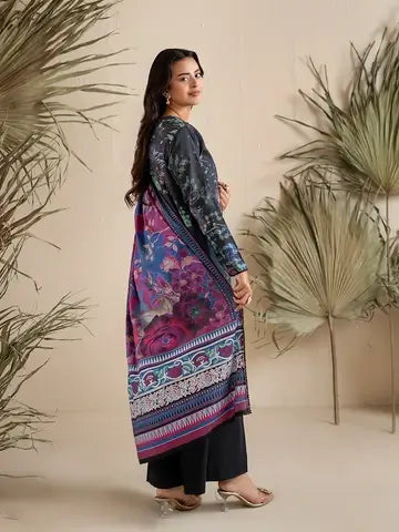 GULPOSH 3 Piece Unstitched Digital Printed Linen Suit with Embroidered Organza Neck