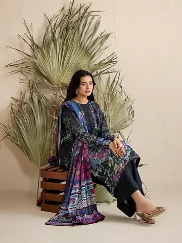 GULPOSH 3 Piece Unstitched Digital Printed Linen Suit with Embroidered Organza Neck