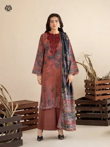 GULPOSH 3 Piece Unstitched Digital Printed Linen Suit with Embroidered Organza Neck