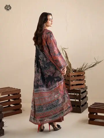 GULPOSH 3 Piece Unstitched Digital Printed Linen Suit with Embroidered Organza Neck