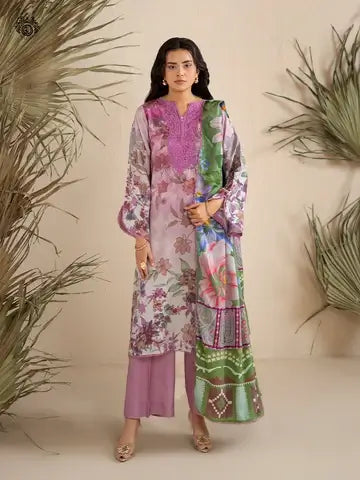 GULPOSH 3 Piece Unstitched Digital Printed Linen Suit with Embroidered Organza Neck