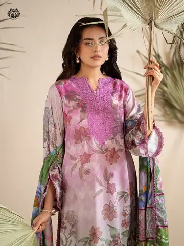 GULPOSH 3 Piece Unstitched Digital Printed Linen Suit with Embroidered Organza Neck