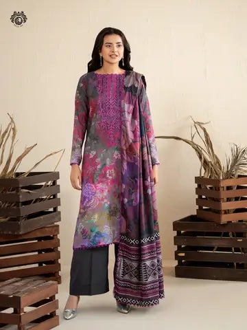 GULPOSH 3 Piece Unstitched Digital Printed Linen Suit with Embroidered Organza Neck