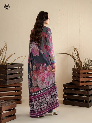 GULPOSH 3 Piece Unstitched Digital Printed Linen Suit with Embroidered Organza Neck