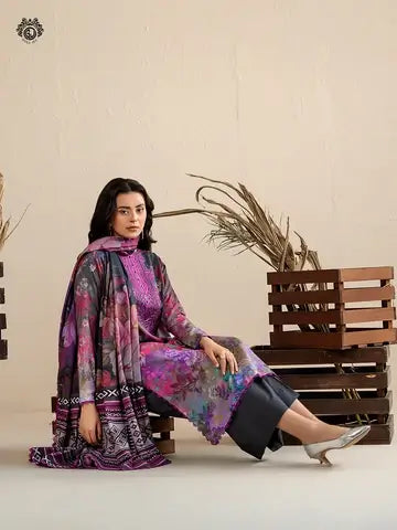 GULPOSH 3 Piece Unstitched Digital Printed Linen Suit with Embroidered Organza Neck