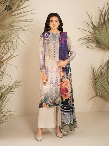 GULPOSH 3 Piece Unstitched Digital Printed Linen Suit with Embroidered Organza Neck
