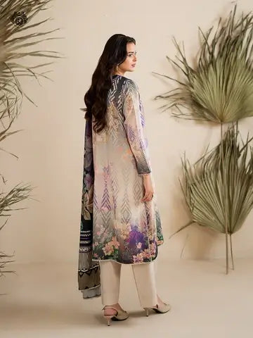 GULPOSH 3 Piece Unstitched Digital Printed Linen Suit with Embroidered Organza Neck