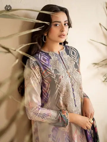 GULPOSH 3 Piece Unstitched Digital Printed Linen Suit with Embroidered Organza Neck