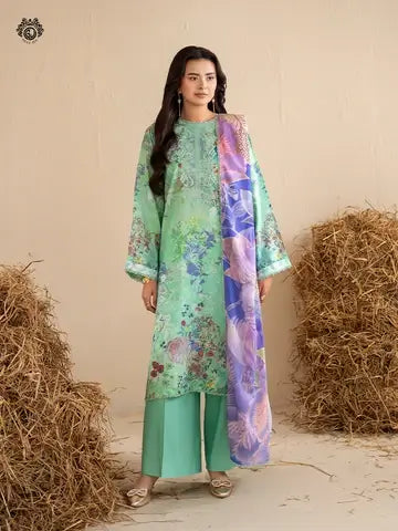 GULPOSH 3 Piece Unstitched Digital Printed Linen Suit with Embroidered Organza Neck