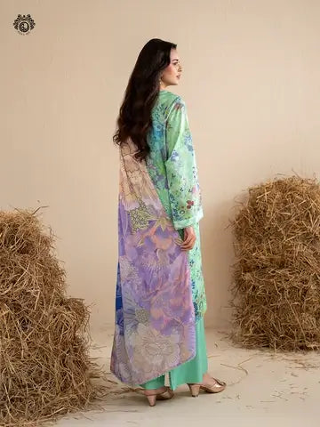 GULPOSH 3 Piece Unstitched Digital Printed Linen Suit with Embroidered Organza Neck