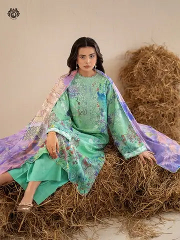 GULPOSH 3 Piece Unstitched Digital Printed Linen Suit with Embroidered Organza Neck
