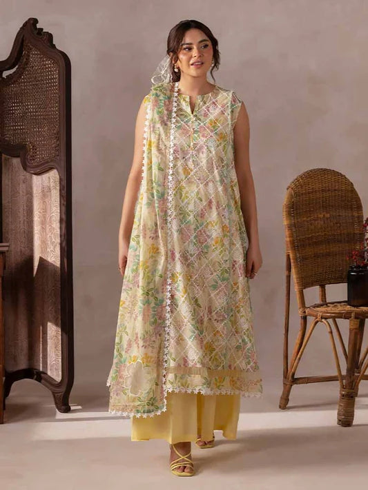 FLORE 3 Piece Unstitched Embroidered Lawn Suit | Digital Printed Lawn